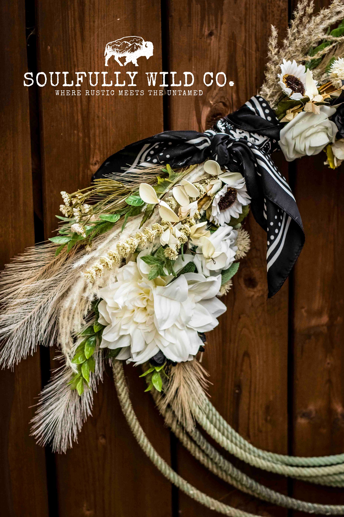 Western Soulful Rope Wreath - White, Tan, Black and Black Bandana