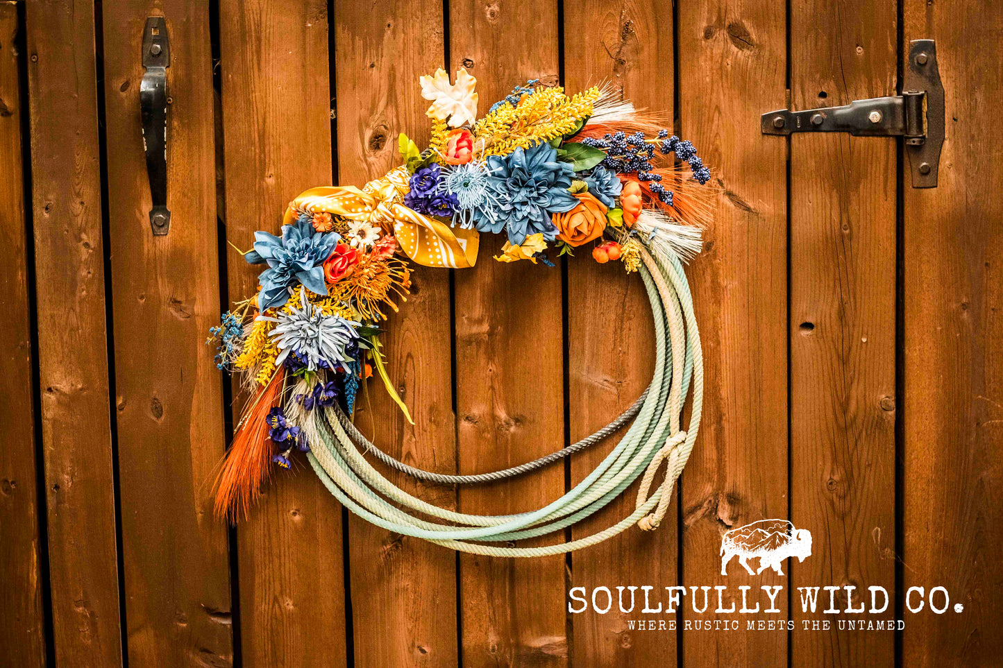 Western Soulful Rope Wreath - Fall Blue, Burnt Yellow, Orange