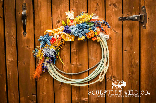 Western Soulful Rope Wreath - Fall Blue, Burnt Yellow, Orange