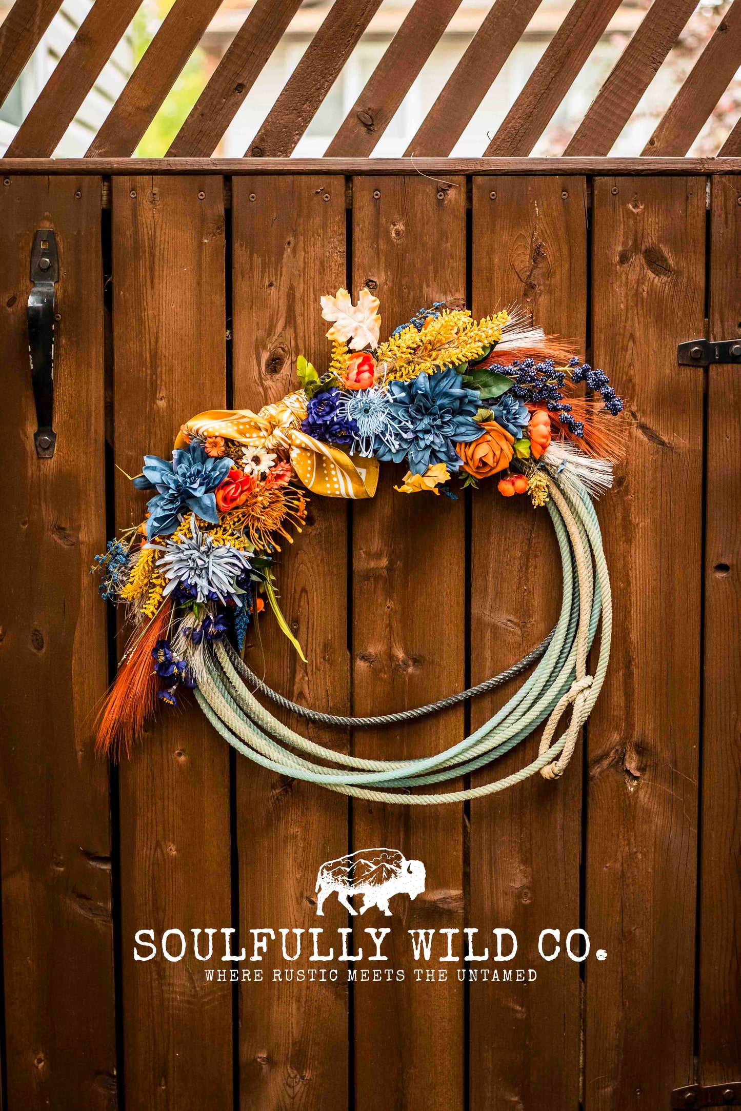 Western Soulful Rope Wreath - Fall Blue, Burnt Yellow, Orange