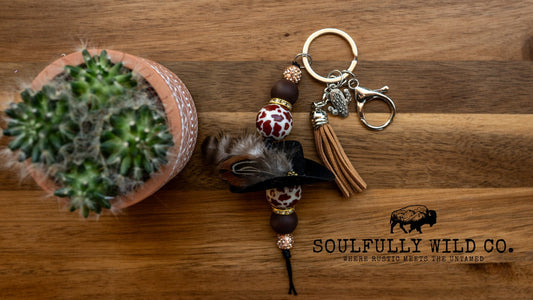 Wild Soul Keychain - Cow print and Black Cowboy Hat