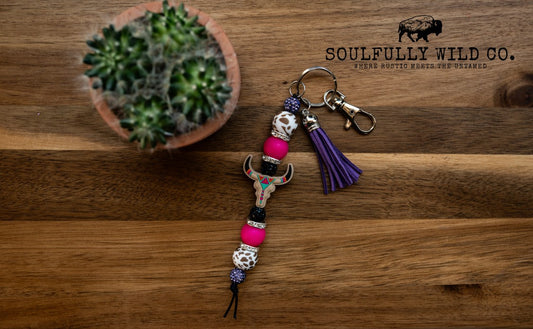 Wild Soul Keychain - Bullhead, Print, cow print and Purple Tassel