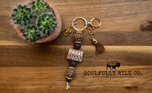 Wild Soul Keychain - Howdy Yall, Gold Cowboy Charm, Brown Tassel