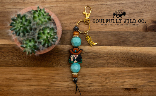 Wild Soul Keychain - Cowgirl, Turquoise Beads, Gold Cowboy Boot Charm