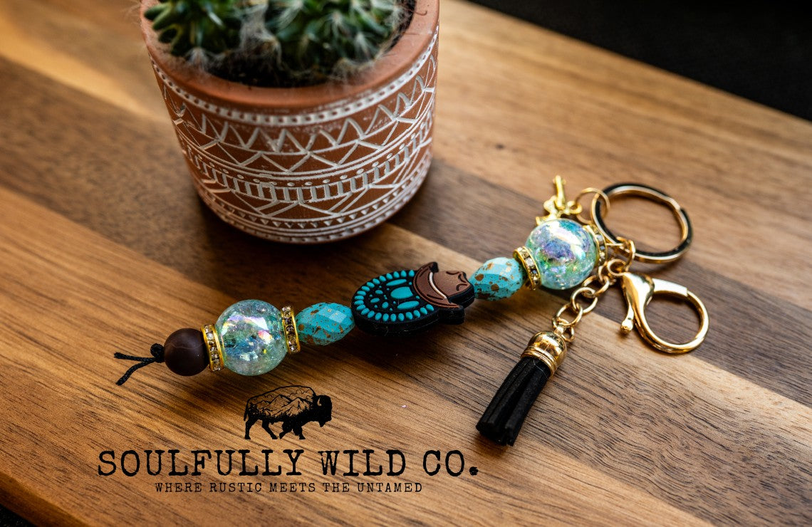 Wild Soul Keychain - Concho/Cowboy Hat, Turquoise, Black Tassel, Gold Pistol Charm
