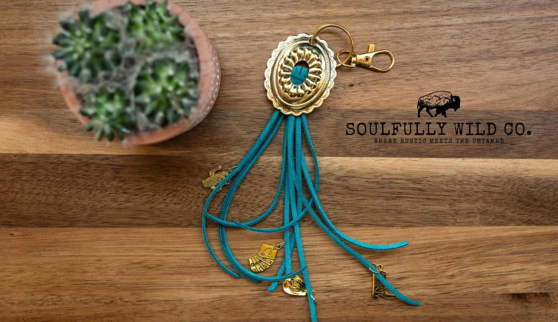 Wild Soul Keychain - Gold Concho with Turquoise and Gold Charms