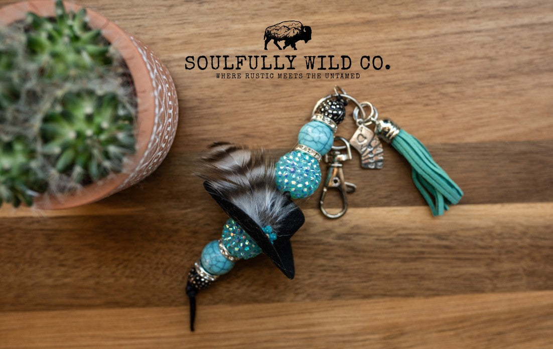 Wild Soul Keychain - Turquoise Beads and Black Cowboy Hat with Feathers