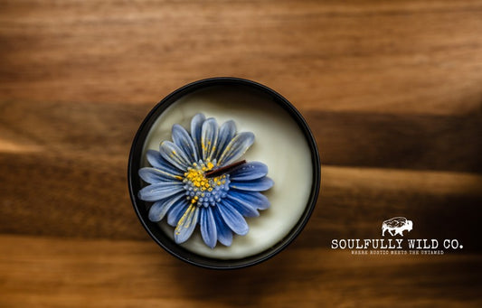 Soulful Handcrafted Soy Candles - Blue Flower with Gold and Brown (Scent: Gypsy Soul)