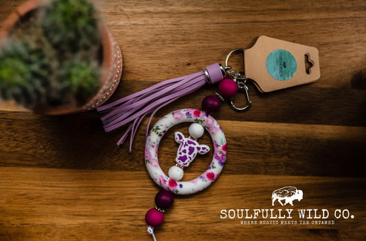 Wild Soul Keychain - Silicone Circle Flowers with Purple Cow Head