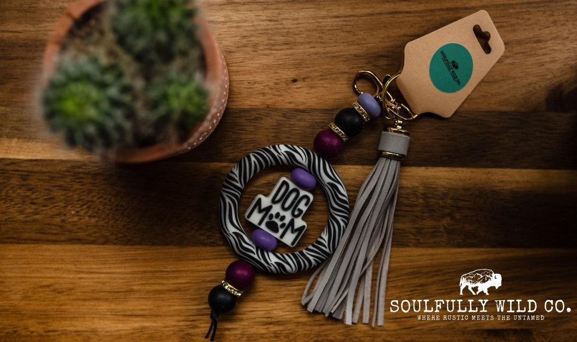 Wild Soul Keychain -  Silicone Circle "Dog Mom" Zebra and Purple