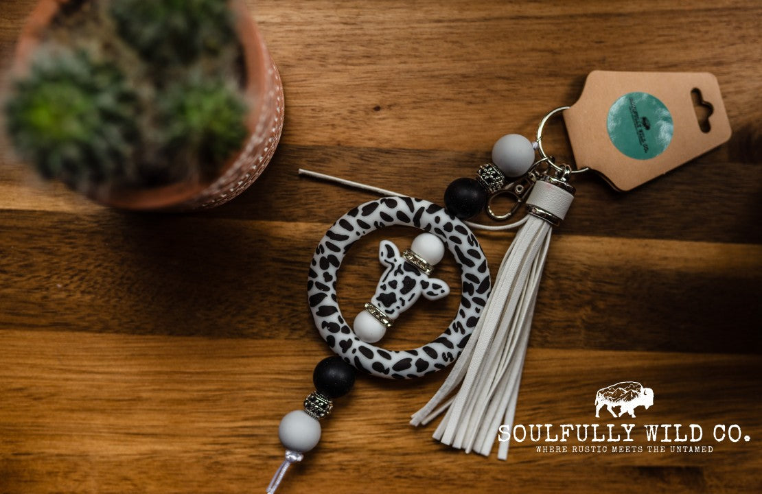 Wild Soul Keychain -  Silicone Circle Cow Print (Black and White)