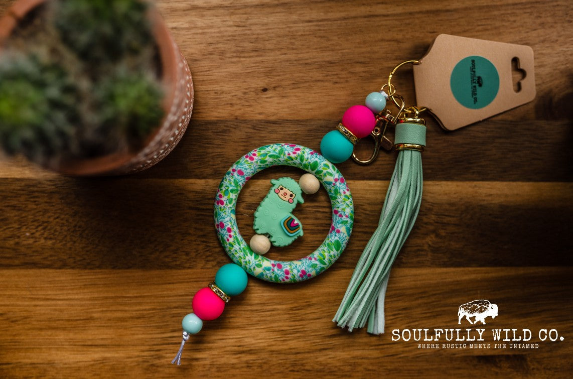 Wild Soul Keychain - Silicone Circle Green/Pink Flowers with Teal Llama