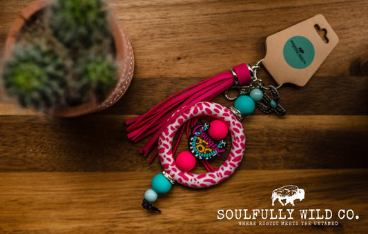 Wild Soul Keychain - Silicone Circle Pink Cow Print and Cowgirl Horseshoe