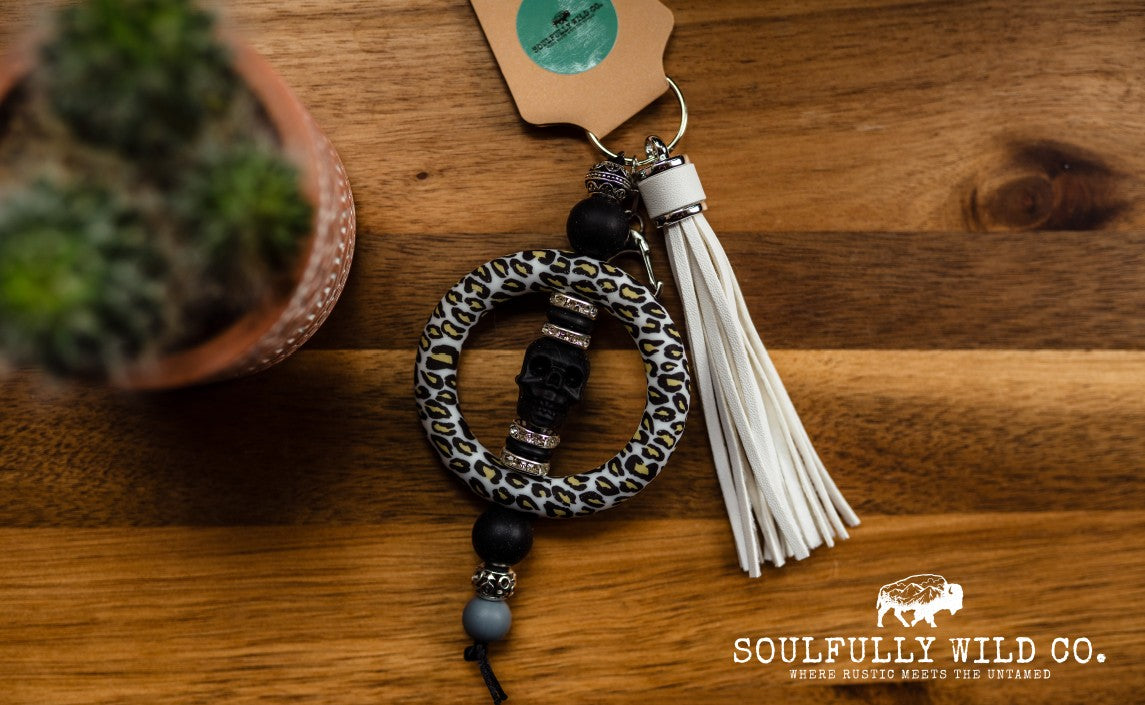 Wild Soul Keychain - Silicone Circle Leopard with Black Skull