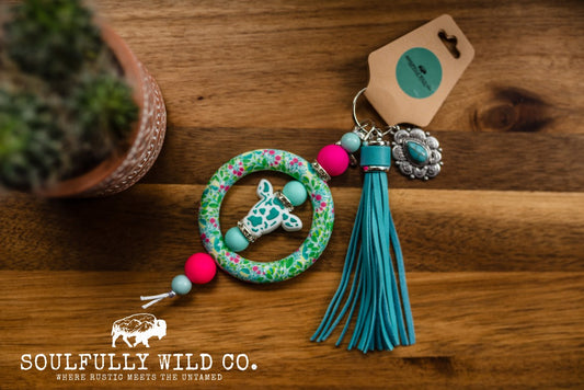 Wild Soul Keychain - Silicone Circle Pink/Green Flowers and Teal Cow Head