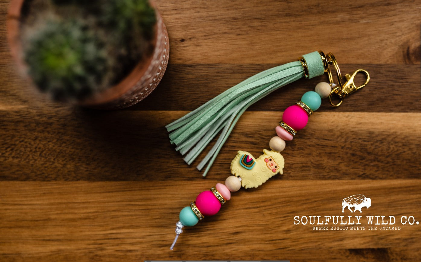 Wild Soul Keychain - Cream Llama with Pink/Teal Beads and tassel