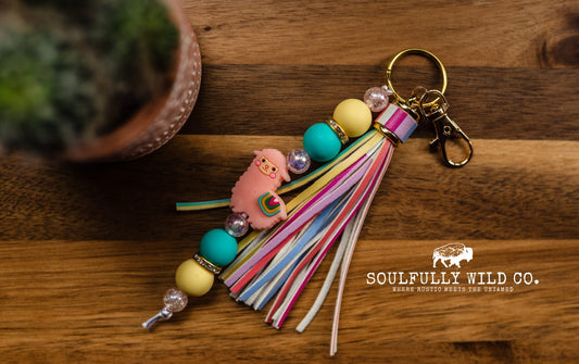 Wild Soul Keychain -  Pink Llama with Rainbow Tassel