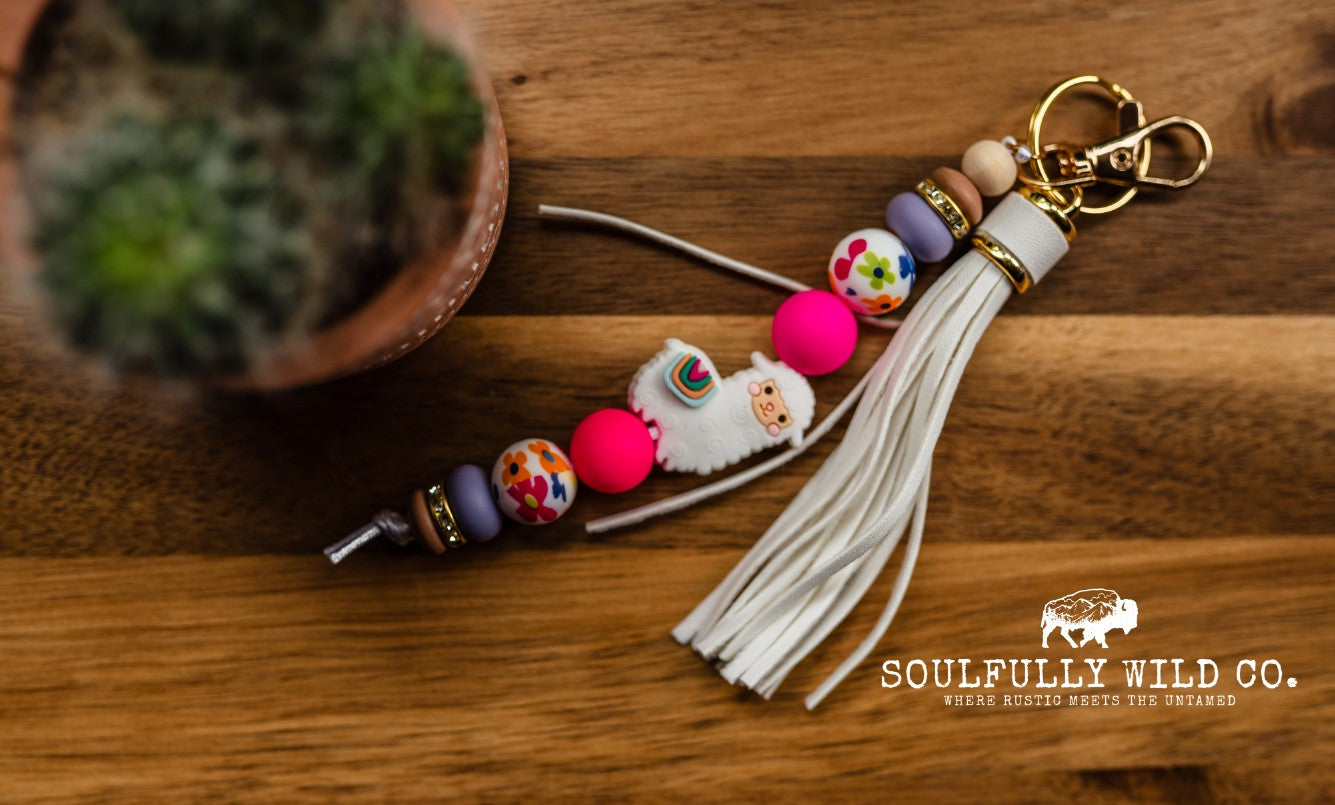 Wild Soul Keychain -  White Llama with with Flower Beads & White Tassel