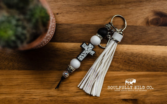 Wild Soul Keychain - White and Black Cross with White Tassel
