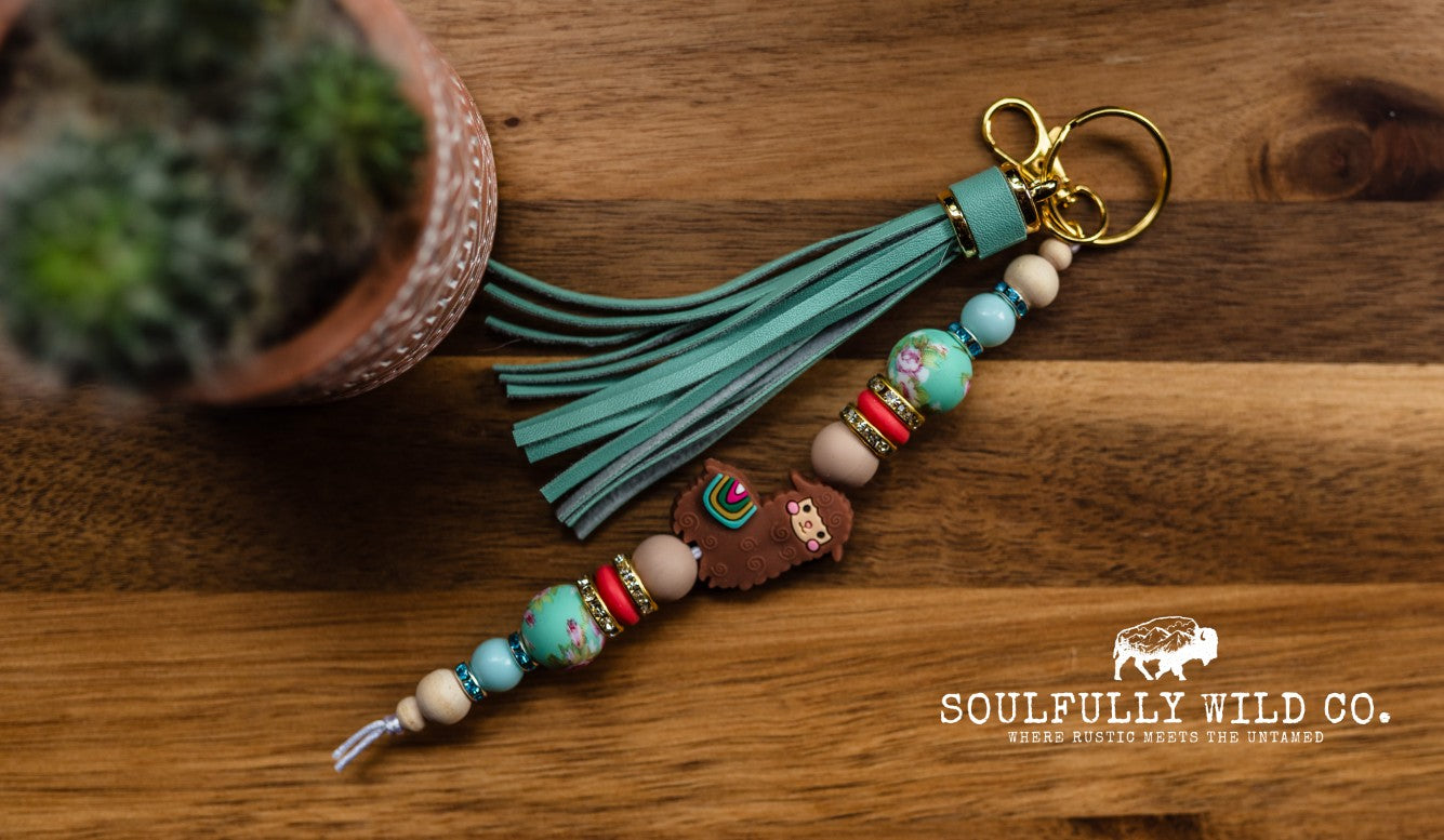 Wild Soul Keychain -Brown Llama with Teal Flower Beads