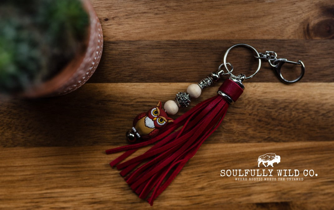 Wild Soul Keychain - Owl with Metal and Wood Beads