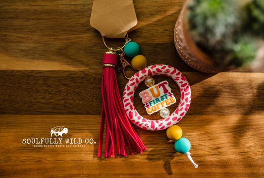 Wild Soul Keychain - Silicone Circle Pink Cow Print "But First Coffee"