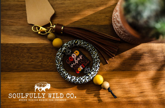 Wild Soul Keychain -  Silicone Circle Leopard Print "Good Vibes and Hot Coffee"
