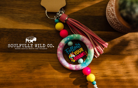 Wild Soul Keychain -  Silicone Circle Rainbow/Stars "Follow Your Dreams" Unicorn