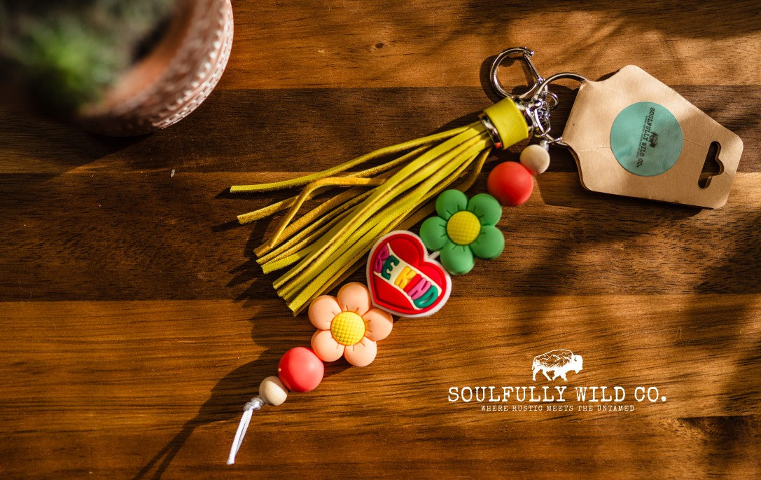 Wild Soul Keychain -"Be Kind" Heart with Green & Peach Flower