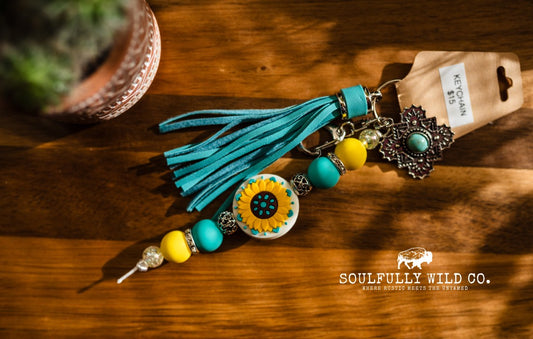 Wild Soul Keychain - Yellow Flower with Turquoise Tassel and Charm
