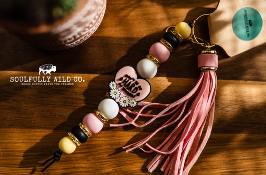 Wild Soul Keychain -  "Don't Be So Hard On Yourself" Heart with Daisy Flowers