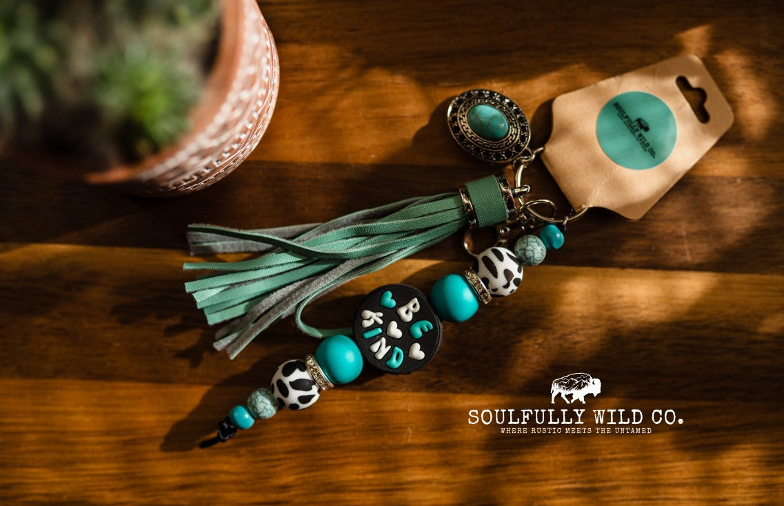 Wild Soul Keychain -  "Be Kind" Black, White and Turquoise