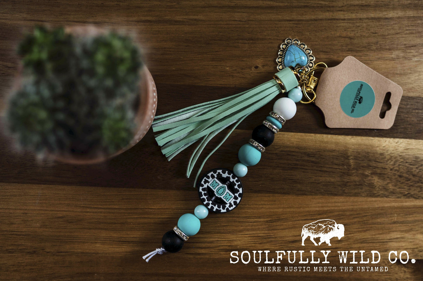 Wild Soul Keychain -  "Mom" Teal & Black Cow with Turquoise Charm