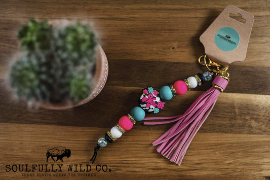 Wild Soul Keychain -  "Mama" Zebra Heart with Pink/Turquoise Flowers