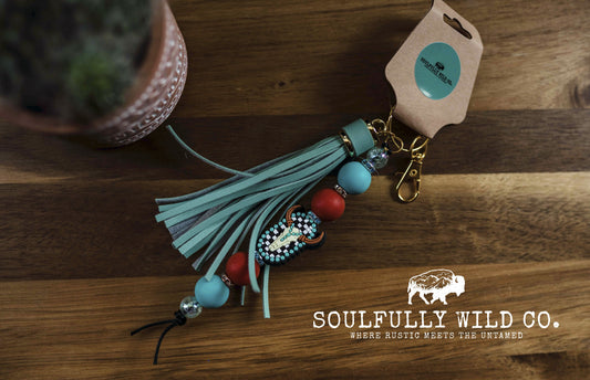 Wild Soul Keychain -  Bullhead with Teal and White/Black
