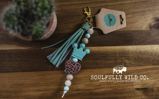 Wild Soul Keychain - Leopard Print Heart with Turquoise Crown