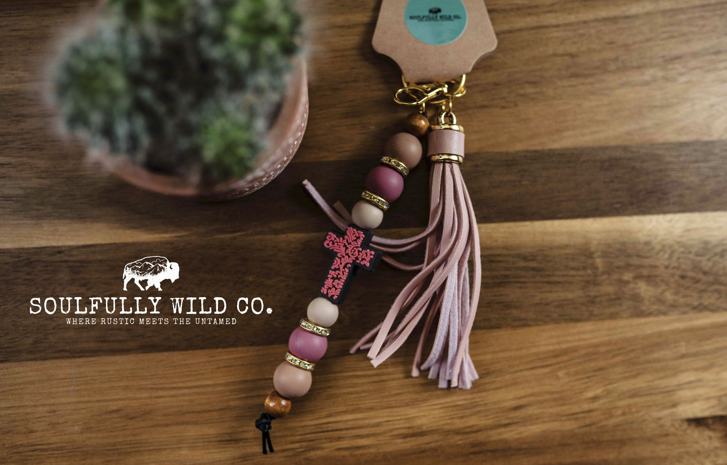 Wild Soul Keychain -Black and Pink Cross with Pink Tassel