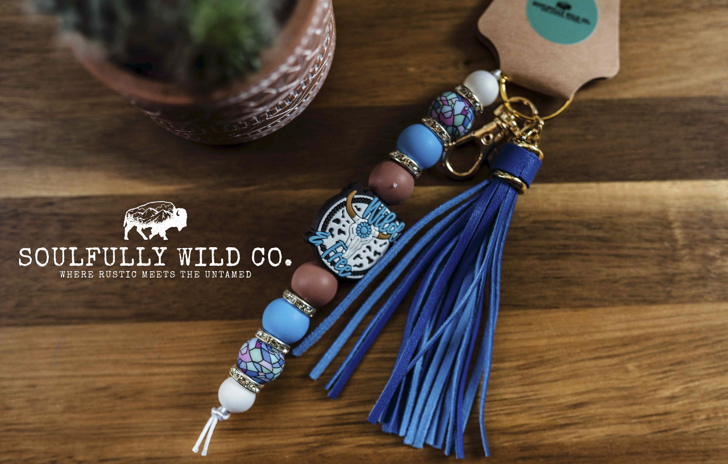 Wild Soul Keychain -  "Wild & Free" Blue Tassel