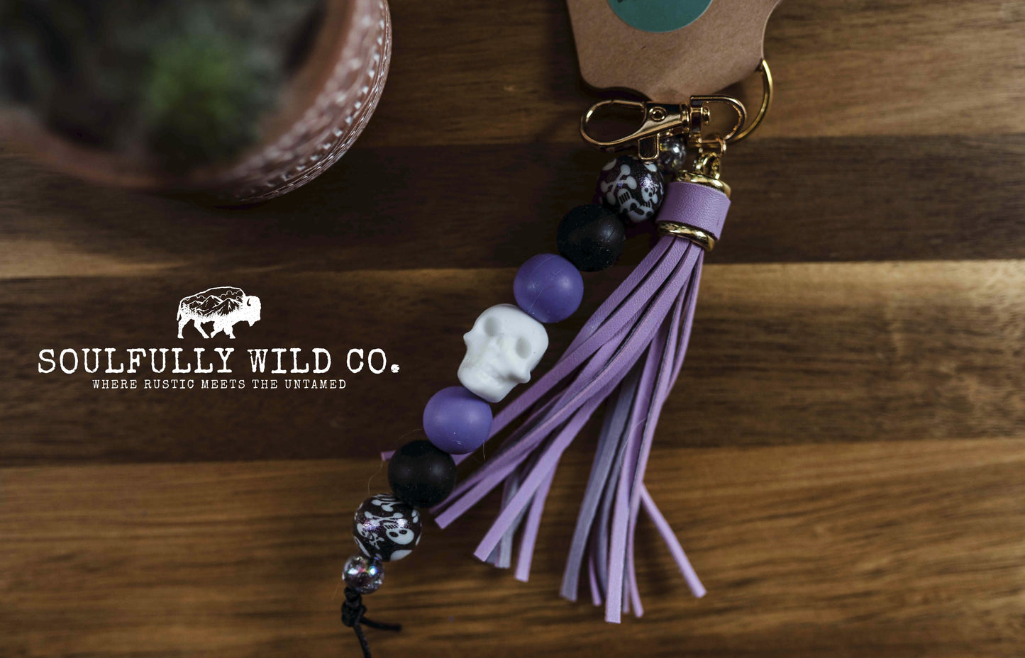 Wild Soul Keychain - White Skull with Purple Skelton Beads