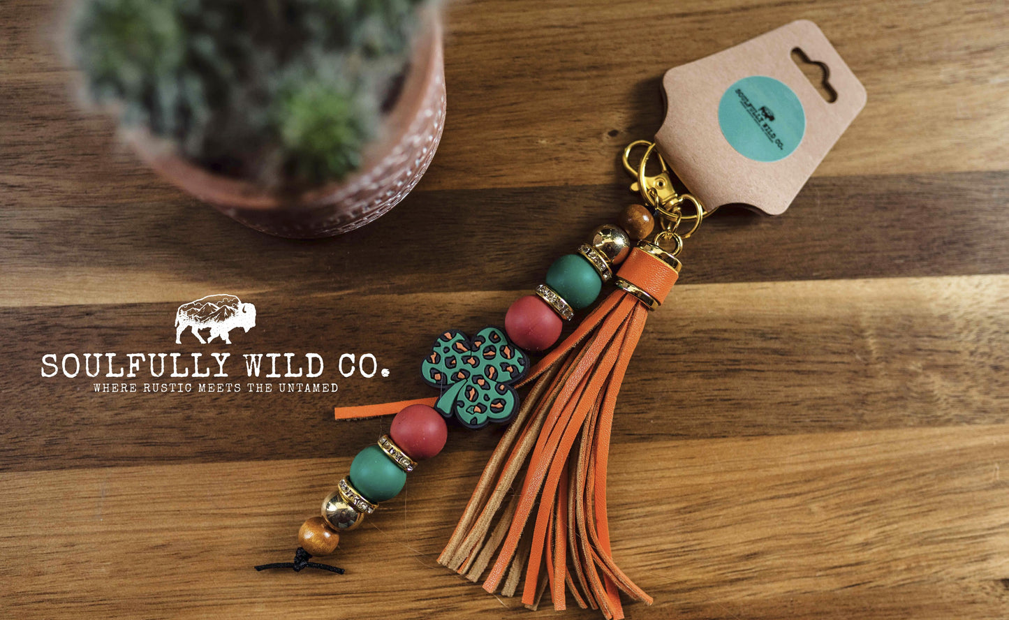 Wild Soul Keychain - Three Leaf Clover (Orange, Green and Black) Orange Tassel