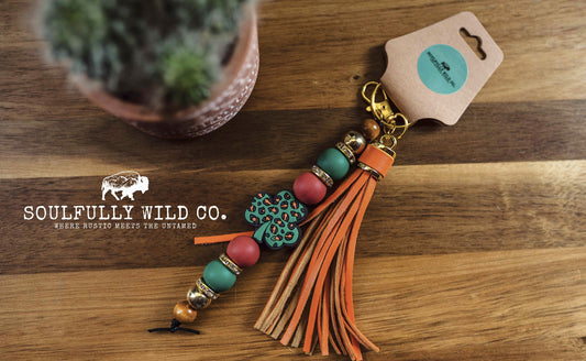 Wild Soul Keychain - Three Leaf Clover (Orange, Green and Black) Orange Tassel