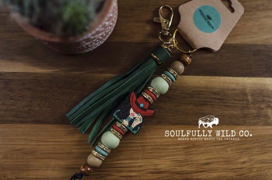 Wild Soul Keychain - Cowgirl with Green Tassel