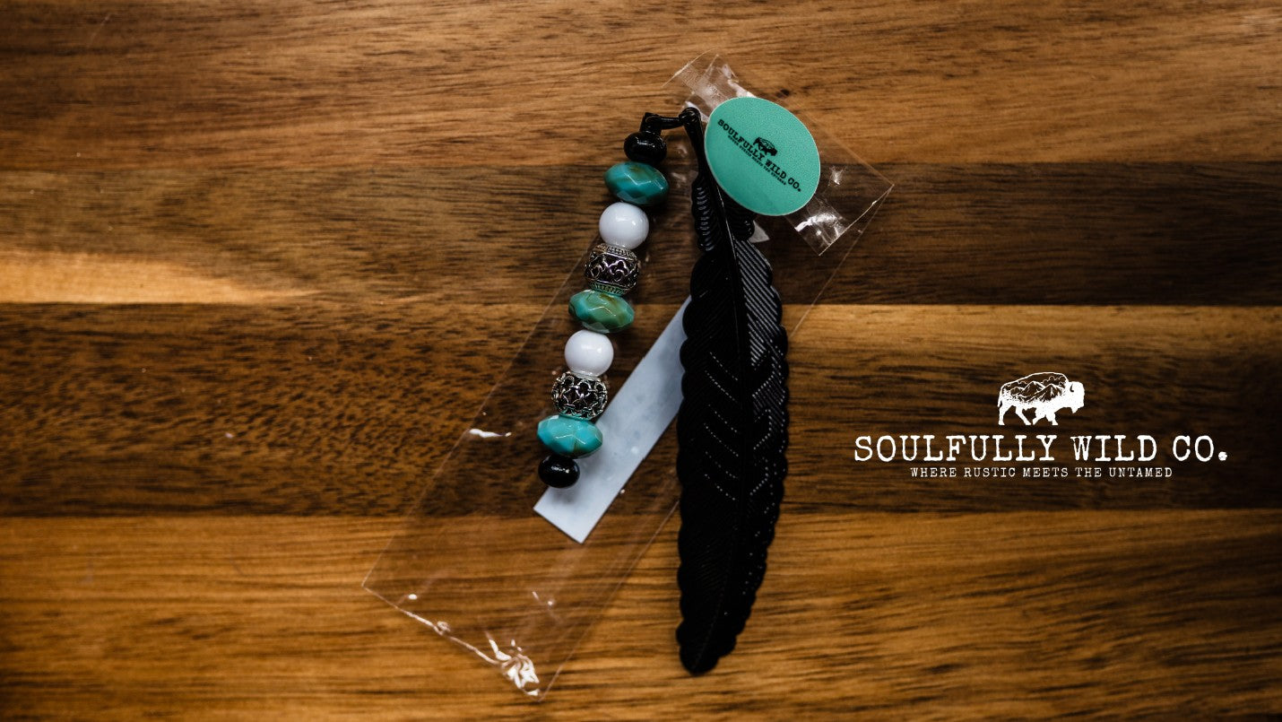 Soulful Black Feather Bookmark - Turquoise, white and metal beads
