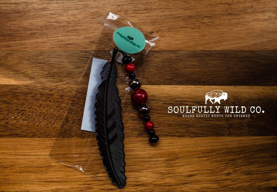 Soulful Black Feather Bookmark - Black, Red and Metallic