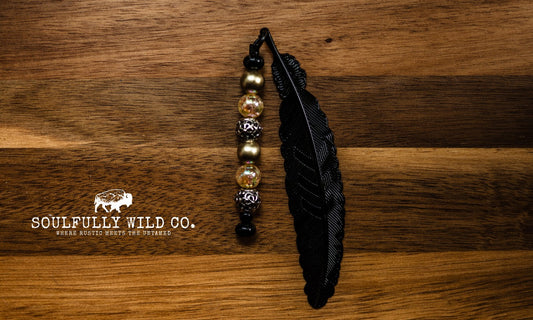 Soulful Black Feather Bookmark - Black, Yellow, Gold and Metal