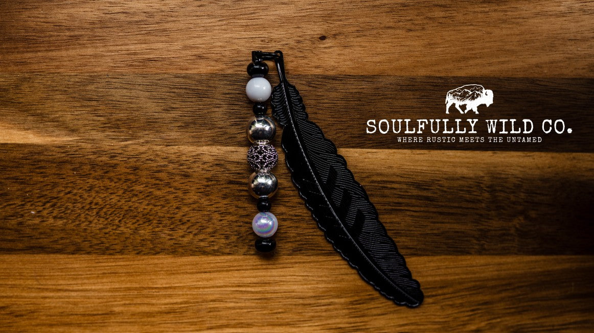 Soulful Black Feather Bookmark - Black, White, Silver and Metal Beads