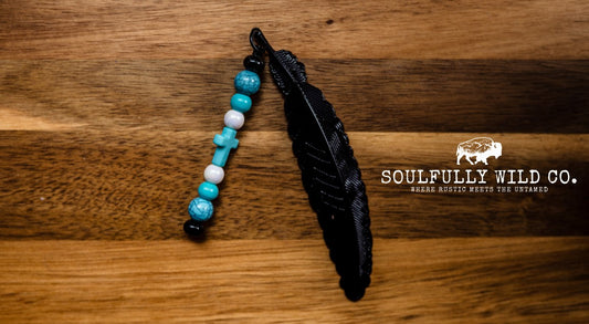 Soulful Black Feather Bookmark -  Black, Turquoise and White with Cross