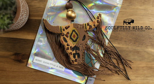 Soulful Air Freshener: Bullhead - Earth tones, Leopard, Brown Fringe (Scent: Eucalyptus & Rain)
