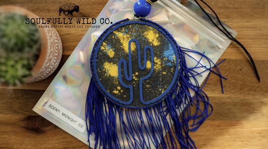 Soulful Air Freshener: Cactus Circle; Blue/Yellow with Blue Fringe (Scent: Midnight Ice)