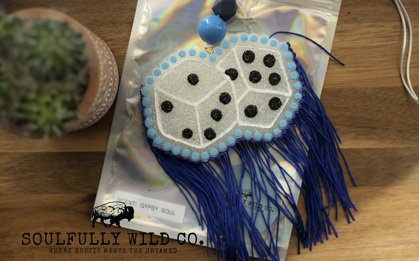 Soulful Air Freshener: Dice; White, Blue with Blue Fringe (Scent: Gypsy Soul)